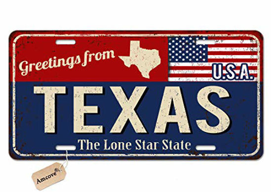 Picture of Amcove License Plate Greetings from Texas Vintage Rusty Metal Sign with American Flag Decorative Car Front License Plate,Vanity Tag,Metal Car Plate,Aluminum Novelty License Plate,6 X 12 Inch