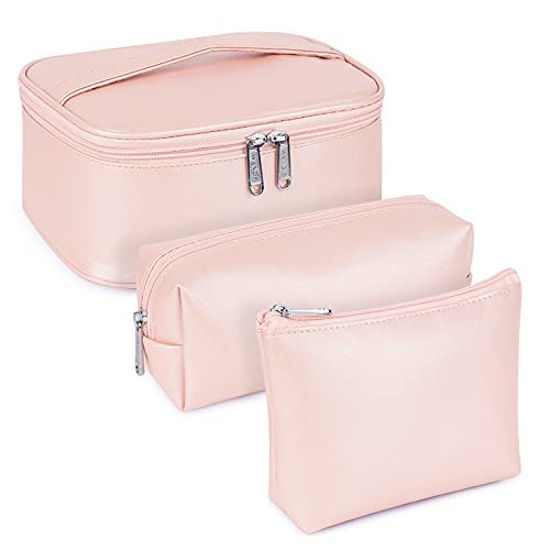 Picture of WANDF 3 Pieces Makeup Bag Toiletry Bag Portable Cosmetic Pouch Travel Organizer Water-resistant for Women (M - Pearly-lustre, Medium)