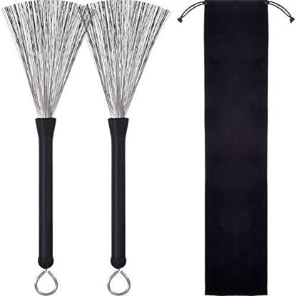 Picture of Pangda 1 Pair Drum Brushes Retractable Wire Brushes Drums Drum Sticks Brush with Comfortable Rubber Handles