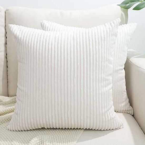 Picture of BeBen Throw Pillow Covers, Decorative Pillow Covers 16X16, Set of 2 Soft Corduroy Square Cushion Case Home Decor for Couch, Bed, Sofa, Bedroom, Car , White, 16X16