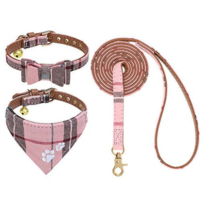 Picture of Dog Leash Collar Set - 3 Pack Plaid Pattern Adjustable Escape Proof Leash Collar Set for Outdoor Walking