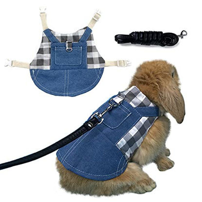 Picture of Vehomy Rabbit Harness and Leash Small Animal Clothes for Rabbit Guinea Pig, Bunny Plaid Harness Leash Guinea Pig Blue Denim Black and White Plaid Dress for Kitten Chihuahua and Other Small Animals M