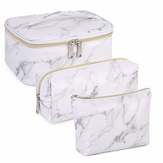 Picture of WANDF 3 Pieces Makeup Bag Toiletry Bag Portable Cosmetic Pouch Travel Organizer Water-resistant for Women (Marble White)