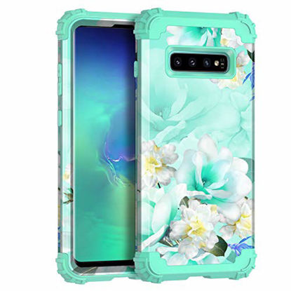 Picture of Casetego Compatible with Galaxy S10 Case,Floral Three Layer Heavy Duty Hybrid Sturdy Shockproof Full Body Protective Cover Case for Samsung Galaxy S10,Green Flower