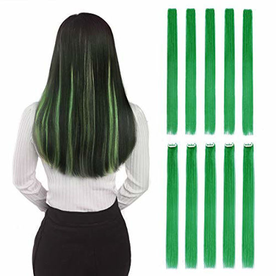 Picture of Colored Clip in Hair Extensions 22" 10pcs Straight Fashion Hairpieces for Party Highlights Green