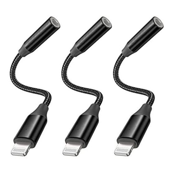 Picture of 3 Pack Lightning to 3.5mm Headphone Jack Adapter Connector Aux Audio Adapter Black nylon braided sheath Support For iPhone 13/13PM/12/12PM//11 PM/XS/X Support iOS 10.3 or Later [Apple MFi Certified]