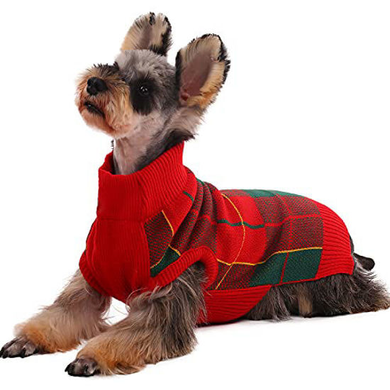 Picture of Kuoser Dog Sweater, Dog Classic Plaid Knitwear Sweater for Cold Weather Small Medium Sized Dog Turtleneck Christmas Holiday Pet Clothes Cozy Doggie Vest Dog Winter Coat Costume with Leash Hole S