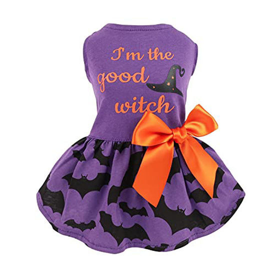 Picture of Fitwarm 100% Cotton I'm The Good Witch Halloween Dog Costume Puppy Dress Doggie Party One Piece with Bowknot Pumkin Bat Pet Vest Shirt Holiday Cat Outfits Purple Medium