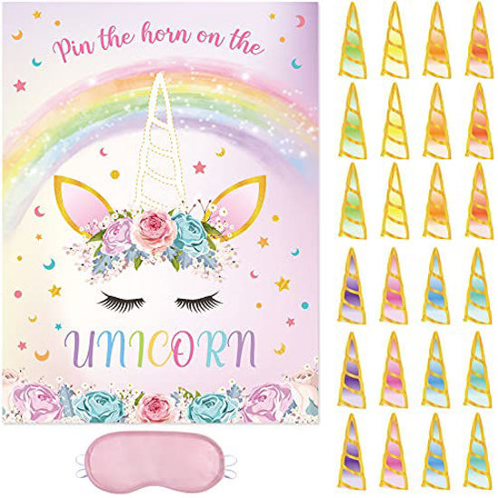 Picture of Pin The Horn on The Unicorn Game - 20'' x 29'' Unicorn Party Game for Kids Girls with 24 PCs Horns Unicorn Birthday Party Supplies for Wall Home Room Decorations