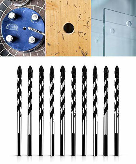 Picture of QWORK 10 Pcs Set 8mm (5/16") Multi-Material Drill Bit Set for Tile,Concrete, Brick, Glass, Plastic and Wood Tungsten Carbide Tip Best for Wall Mirror and Ceramic Tile on Concrete and Brick Wall