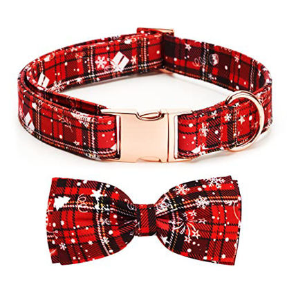 Picture of Thankspaw Christmas Dog Collar with Bow Adjustable Comfortable Dog Bow Tie Pet Collars Red Grid Bow Ties for Girl Boy Small Medium Large Dogs (Medium, Christmas Snow)