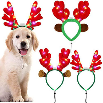 Picture of Pedgot 3 Pieces Light up Pet Christmas Headbands LED Pet Xmas Reindeer Antler Headbands for Christmas Holiday Supplies Accessory