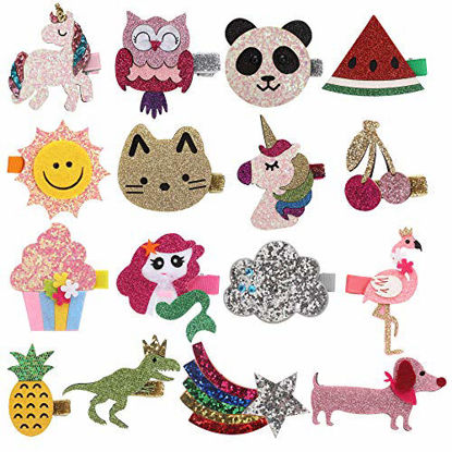 Picture of inSowni 16 Pack Glitter Cute Fruit Unicorn Panda Cat Owl Alligator Hair Clips Barrettes for Baby Girls Toddlers Kids