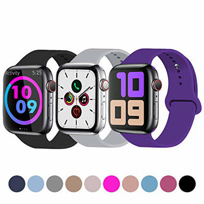 Picture of Idon 3-Pack Sport Band Compatible for Apple Watch Band 38MM 40MM S/M, Soft Silicone Sport Bands Replacement Strap Compatible with Apple Watch Series 5, iWatch Series 4/3/2/1, Black + Purple + Fog