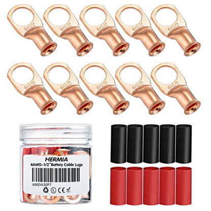 Picture of HerMia 10PCS 4 AWG - 1/2" Copper Wire Lugs, Heavy Duty Battery Cable Ends, UL Listed Battery Lugs, Tubular Ring Terminals, Battery Terminal Connectors with 3:1 Heat Shrink Tubing