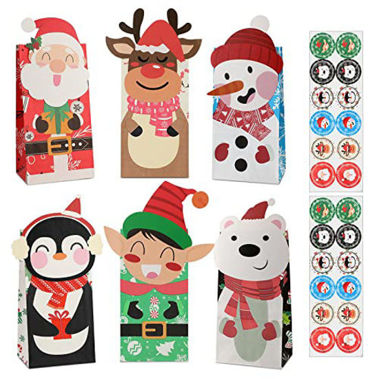 Picture of Qpout 24 Pack Christmas Die-Cut Flip Over Gift Bags Xmas Paper Treat Bags with Stickers Cartoon Characters Christmas Party Favors Candy Bags Goody Bags Holiday Party Bags