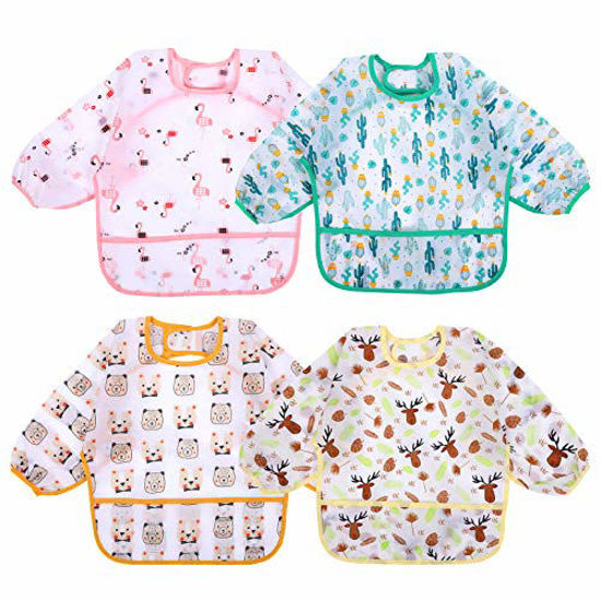 Picture of Accmor 4 Pcs Long Sleeve Bibs, Waterproof Baby Bibs, Toddler Sleeved Bib, Baby Smock for Eating Feeding, 6-24 Months