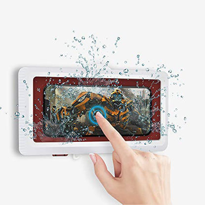 Picture of Wall Mount Shower Phone Holder Bathroom Case Waterproof Self Adhesive Bathroom Phone Holder Anti Fog Touch Screen for Bathroom Shower Kitchen Make up Compatible with Mobile Phones Under 6.8 inches