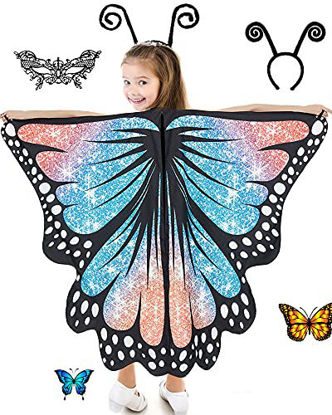 Picture of Butterfly Wings Costume Girls Halloween Costume For Girls Kids Butterfly Wings Shawl with Lace Mask and Antenna Headband (Starry orange blue)