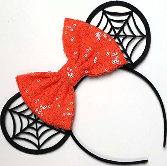 Picture of CLGIFT Halloween Minnie Mouse Sequin Ears Orange Mickey Mouse Sequin Halloween Ears Orange Mickey Ears, Rainbow Sparkle Mouse Ears,Classic Red Sequin Minnie Ears (orange black web)