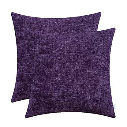 Picture of CaliTime Pack of 2 Cozy Throw Pillow Covers Cases for Couch Sofa Home Decoration Solid Dyed Soft Chenille 12 X 12 Inches Plum Purple