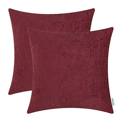 Picture of CaliTime Pack of 2 Cozy Throw Pillow Covers Cases for Couch Sofa Home Decoration Solid Dyed Soft Chenille 12 X 12 Inches Burgundy