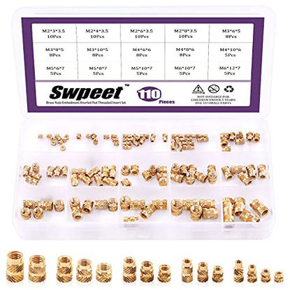 Picture of Swpeet 110Pcs 5 Values M2 M3 M4 M5 M6 Female Thread Knurled Nuts Brass Threaded Insert Embedment Nuts Hydraulic Welded Joint Injection Molding Assortment Kit Perfect for 3D Printing Injection Molding