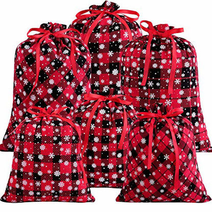 Picture of Aneco 6 Pack Christmas Buffalo Plaid Bags with Snowflake Pattern Holiday Cotton Present Bags Gift Wrapping Drawstring Bag Treat Bag for Christmas Party Favor Supplies