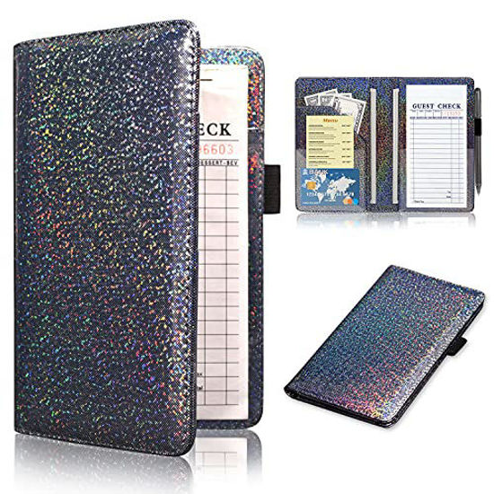 Picture of ACdream Server Books for Waitress, Guest Book Note Pad, Cute Pocket Leather Money Organizer Wallet, Cash Check Bill Receipt Holder Presenter, Waiter Accessories, Black Glitter