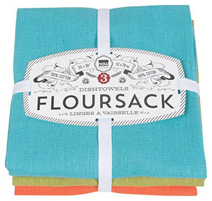 Picture of Now Designs Floursack Kitchen Towels, Set of Three, Bali Blue/Cactus Green/Crush Orange