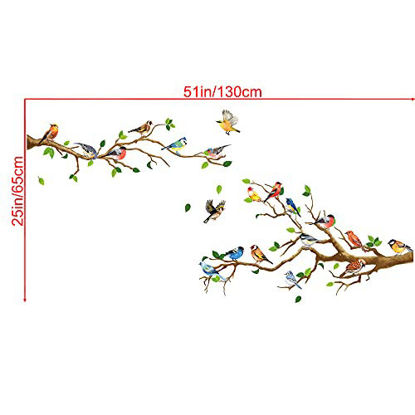 Picture of RW-ZSZ1069 Birds On Tree Wall Decals Tree Branch Wall Stickers Colorful Birds Green Tree Decals DIY Removable Colorful Flying Bird Tree Wall Art Decor for Kids Baby Bedroom Living Room Nursery Office