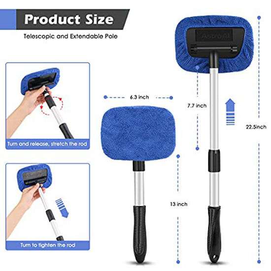 AstroAI Windshield Cleaner, Microfiber Car Window Cleaner with 4 Reusable  and Washable Microfiber Pads and Extendable Handle Auto Inside Glass Wiper
