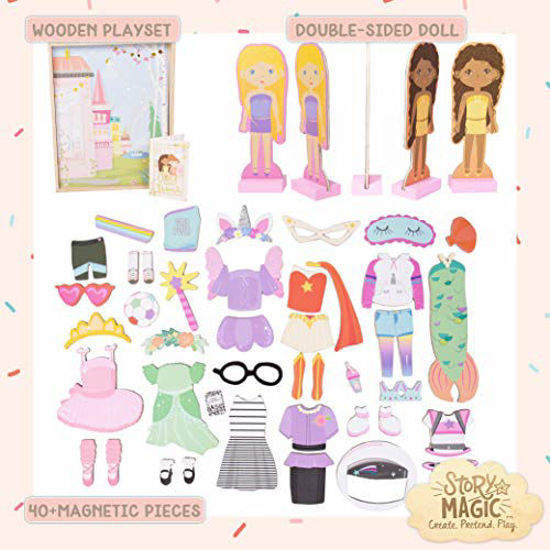 Picture of Story Magic Wooden Dress-Up Doll by Horizon Group USA, Dress Up Magnetic Wood Double Sided Doll, Over 40 Outfit and Accessory Pieces, Creative Pretend Play, Perfect for Ages 4+