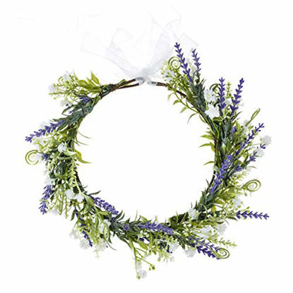 Picture of DDazzling Green Leaf Floral Crown Eucalyptus Flower Women Girls Headband Flower Headpiece Bridal Halo Photo Prop (Green Purple Lavender)