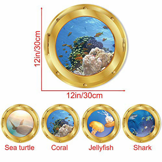 Picture of 4 PCS Removable 3D Under The Sea Nature Scenery Wall Decals Animals Wall Sticker Home Wall Art Decor for Bathroom Bedroom Door Kids Baby Nursery Room Includ Sea Turtles Shark Fish Coral Plants