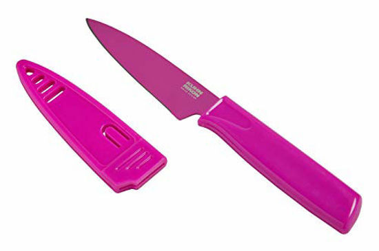 Picture of Kuhn Rikon Colori Non-Stick Straight Paring Knife with Safety Sheath, 4 inch/10.16 cm Blade, Dragon Fruit