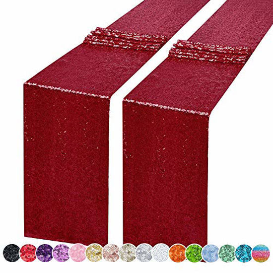 Picture of Hahuho 2PCS 12x108 Inch Sequin Table Runner Burgundy Glitter Table Runner for Party, Wedding, Bridal Baby Shower, Event Decorations2PCS, 12x108 Inch, Burgundy