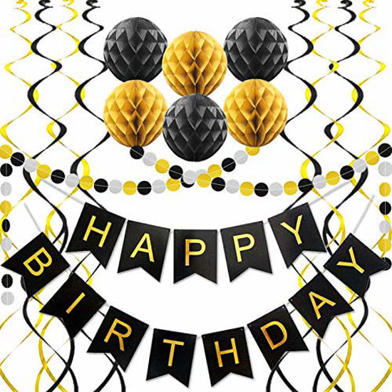 Picture of Black Birthday Decorations, Happy Birthday Banner, Paper Pom Poms, Circle Garland and Hanging Swirl Birthday Decorations, Black and Gold Birthday Decorations