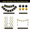 Picture of Black Birthday Decorations, Happy Birthday Banner, Paper Pom Poms, Circle Garland and Hanging Swirl Birthday Decorations, Black and Gold Birthday Decorations