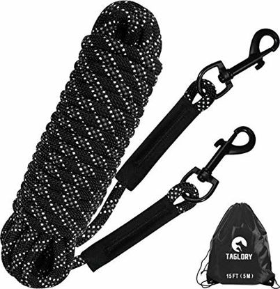 Picture of Taglory Dog Tie Out, Long Rope Leash for Dog Training, 15 FT Heavy Duty Lead with Reflective Stitching for Large Medium Small Dogs Walking, Camping, or Backyard, Black