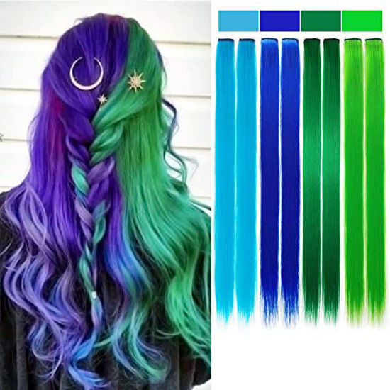 Picture of 24 Pieces Party Highlights Clip in Colored Hair Extensions Colorful Hair Extensions 20 inches Straight Synthetic Hairpieces(Blue+Dark blue+Green+Grass green)