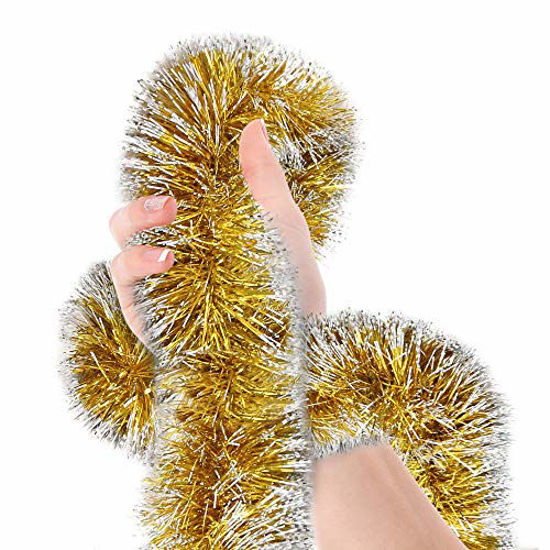 Picture of Christmas Tree Gold Frost Tip Tinsel Garland Gold White Edge Metallic Streamers Celebrate a Holiday New Years Eve Happy Party Ceiling Hanging Decorations Indoor and Outdoor Disco Party Supplies