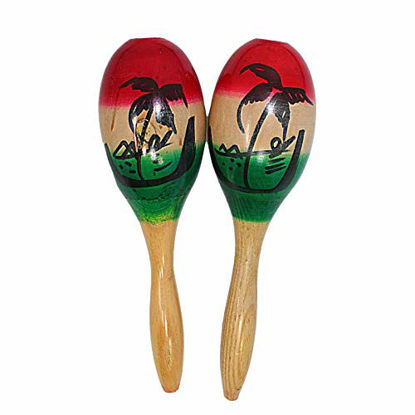 Picture of Maracas Musical Instrument, Small Wooden Tri-Colored with Palm Tree Silhouette, Latin Percussion, for Adults, Set of 2, 7 3/4 Inches