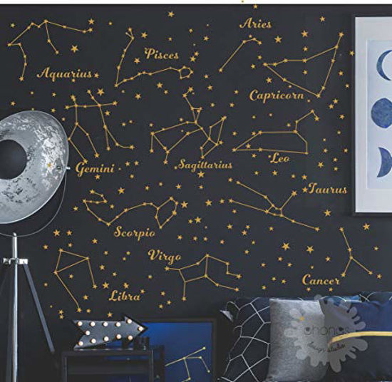 Picture of Constellation Wall Decal Twelve Constellations Stars Wall Stickers for Nursery Room Zodiac Astronomy Art Mural Kids Room Stars Decoration AM117 (Gold)