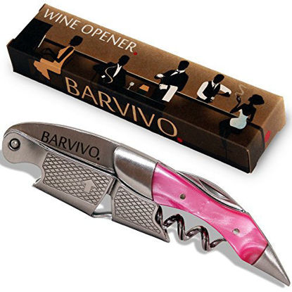 Picture of Professional Waiters Corkscrew by Barvivo - This Bottle Opener for Beer and Wine Bottles is Used by Waiters, Sommelier and Bartenders Around the World. Made of Stainless Steel and Pink Resin.