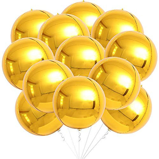 Picture of Big 22 Inch Metallic Gold Balloons - Pack of 12 | 360 Degree 4D Round Sphere Gold Foil Balloons | Mirror Finish Chrome Gold Balloons for Birthday, Wedding, Bachelorette, Baby Shower, New Year Balloons