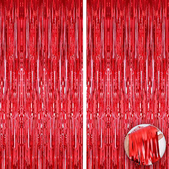 Picture of XtraLarge 6.4x8 Feet Red Streamers Red Party Decorations - Big 2 Pieces, Red Foil Fringe Curtain | Red Fringe Backdrop, Red Fringe Curtain for Red Streamers Party Decorations, Red Streamer Backdrop