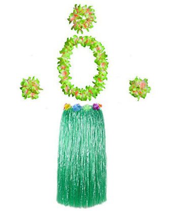 Picture of Hawaiian Luau Hula Grass Skirt with Large Flower Costume Set for Dance Performance Party Decorations Favors Supplies (32" - Green)