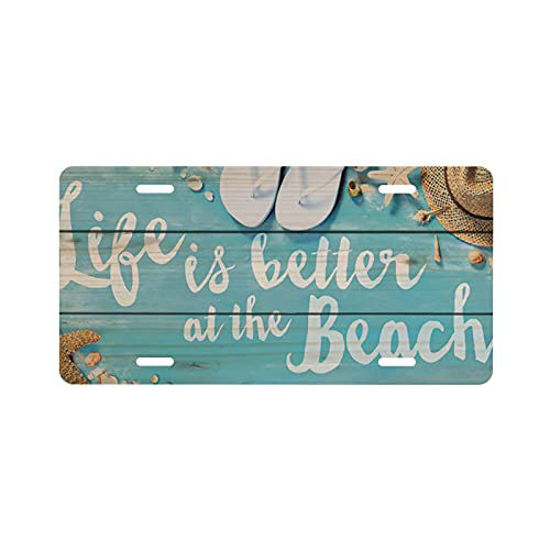 Picture of Life is Better On The Beach License Plate Decorative Car Front License Plate Cover,Aluminum Novelty Car Plate for Men/Women/Boy/Girls 6 X 12 Inch