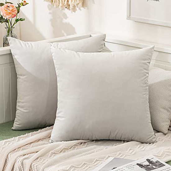 Picture of MIULEE Pack of 2, Velvet Soft Solid Decorative Square Throw Pillow Covers Set Cushion Cases Pillowcases for Sofa Bedroom 16x16 Inch Greyish White